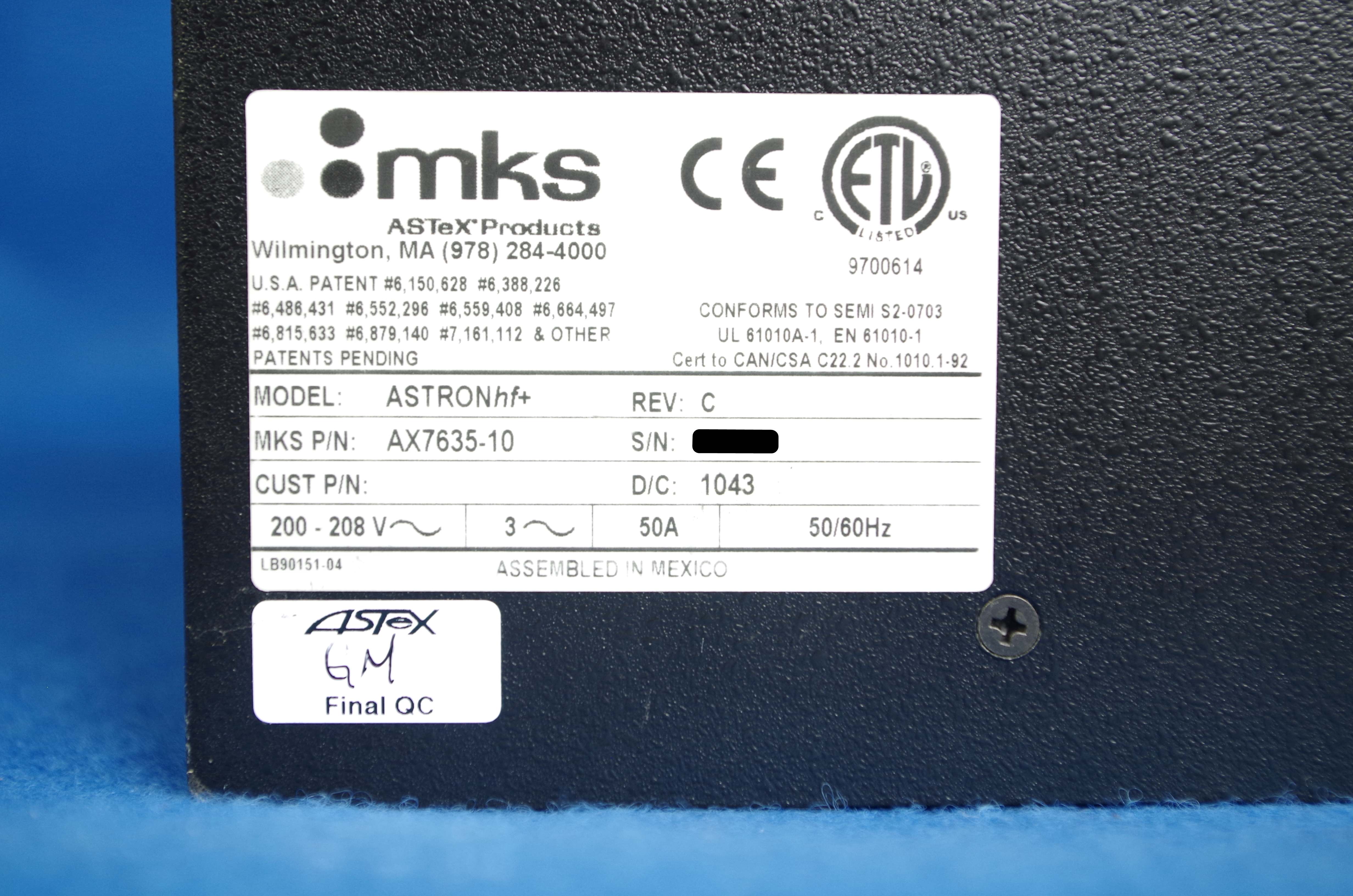 MKS ASTeX ASTRONhf+ 22L AX7635-10  2010